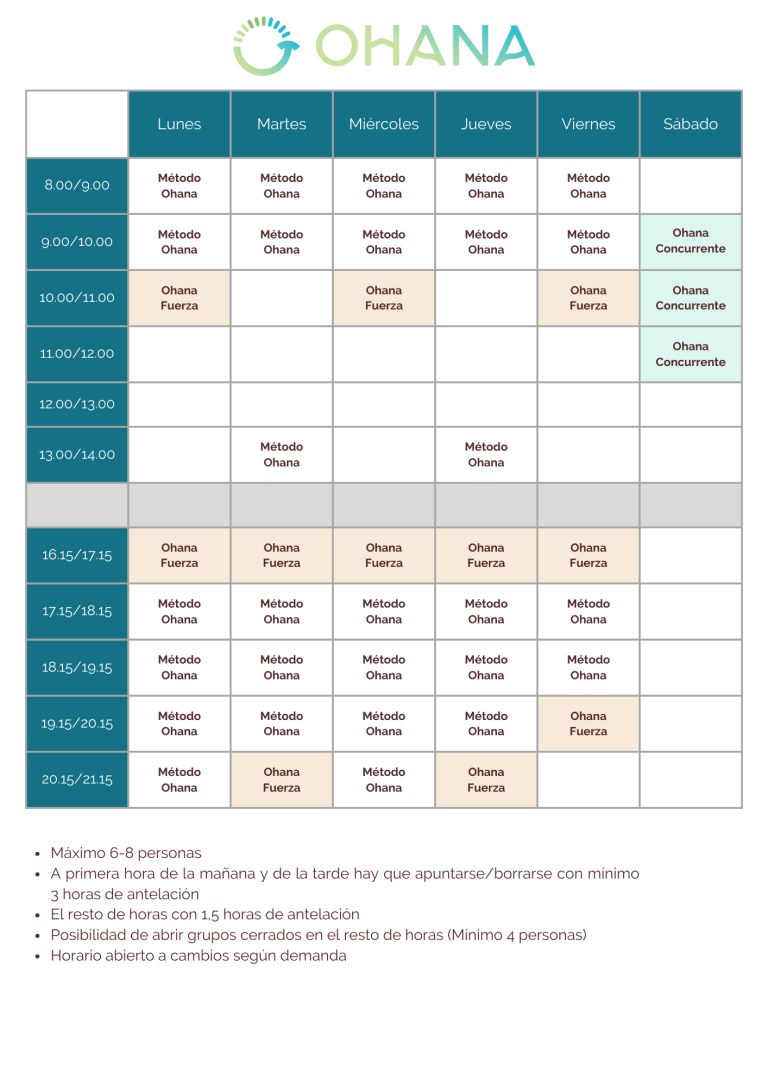 Horarios Grupos reducidos Método Ohana